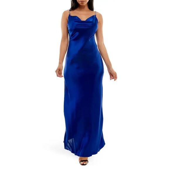 Jump Apparel Blue‎ Cowl Neck Satin Maxi Dress Chain Strap Large 90s Y2K Hoco - Picture 11 of 11